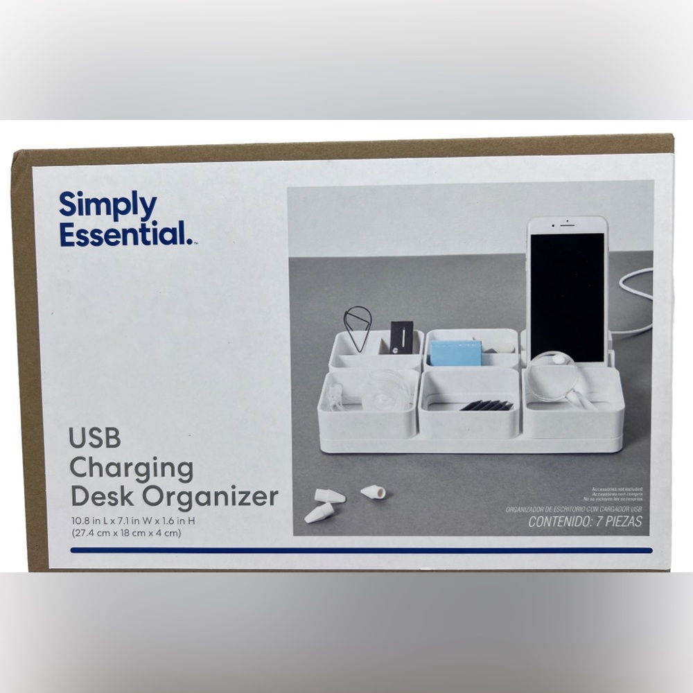Simply Essential 7.1-Inch x 10.8-Inch USB Charging Desk Organizer in  White